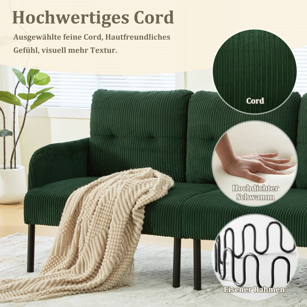 Divano a 3 posti in tessuto effetto velluto con schienale ergonomico tasca laterale e struttura stabile verde smeraldo
