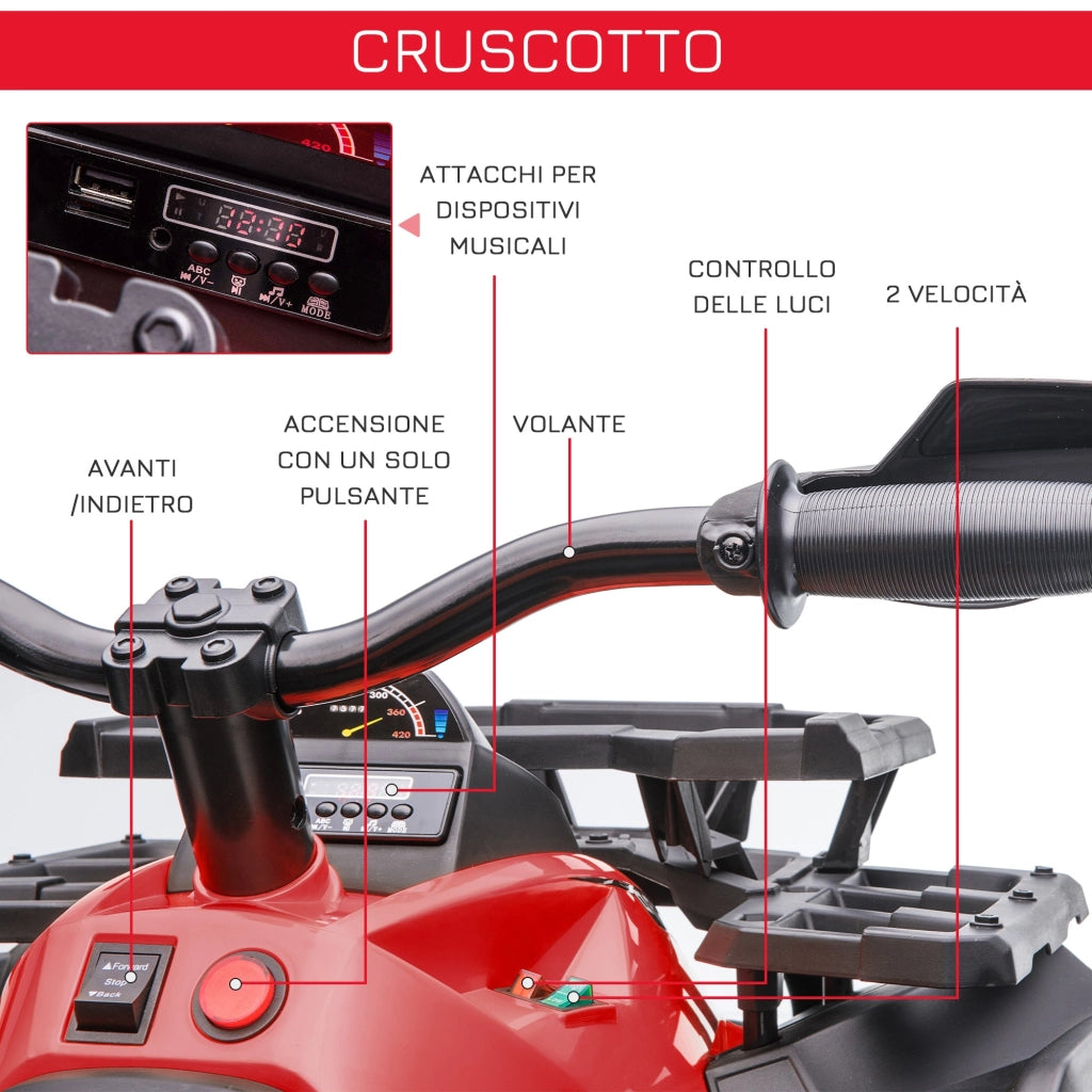 Quad per Bambini Elettrico 12V con Fari e Batteria Ricaricabile, Età 3-5 Anni, 100x65x73cm, Rosso