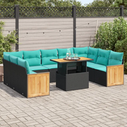 Set Divani Giardino 10pz con Cuscini Nero in Polyrattan Acacia