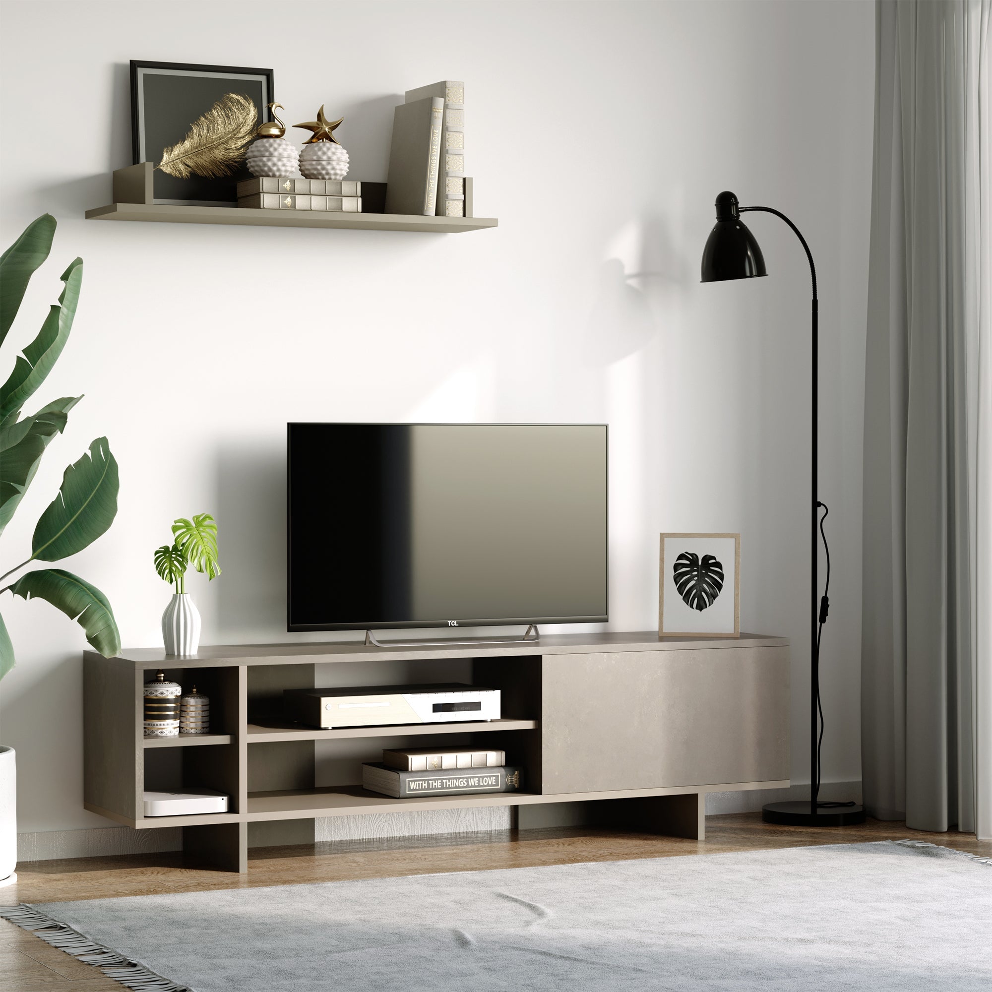 Mobile TV 160x35,6x44 cm con Armadietto e Mensola in Legno Grigio