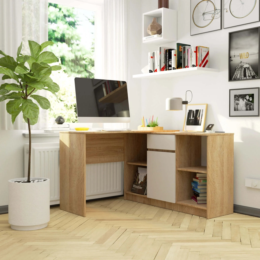Scrivania angolare AKORD B17 Sonoma Quercia 120 cm 1 anta 1 cassetto inserto frontale Bianco 120x126x79 cm