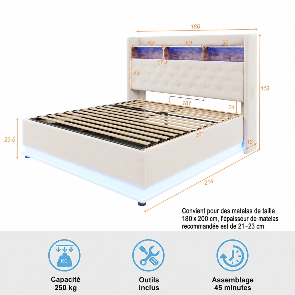 DESMIU Letto Contenitore 180 × 200 cm 2 posti con USB, LED regolabile e vano idraulico, senza materasso, beige
