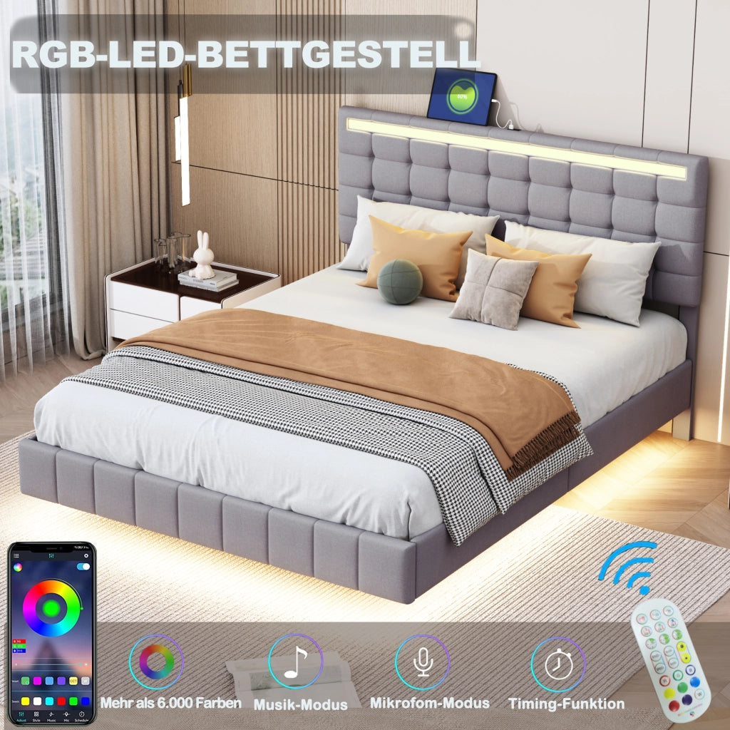 OKWISH Letto Imbottito 140×200 cm, Letto Matrimoniale con Piedini Nascosti, LED Regolabile e Testiera, senza Materasso, Grigio