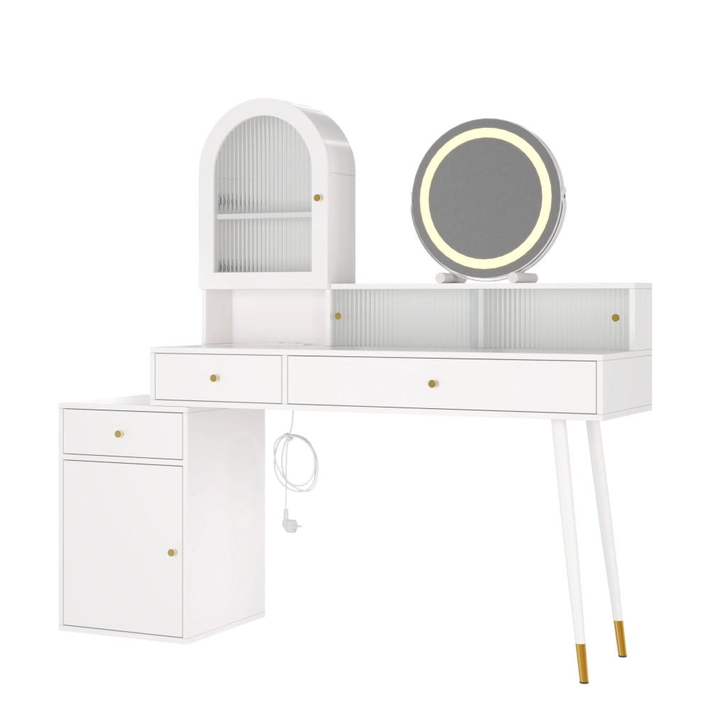 Toeletta 140x40x140 cm bianca in MDF e vetro, piano regolabile e specchio LED