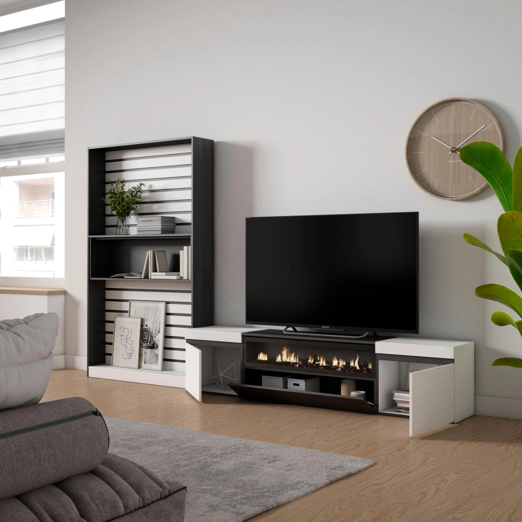 Mobile TV, Soggiorno, 310x35x186cm, Per TV fino a 80", Camino elettrico, Bianco e nero RF2847