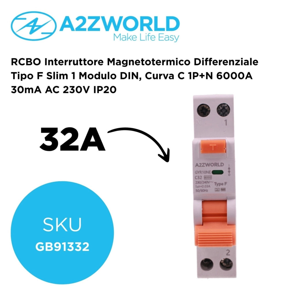 RCBO Interruttore Magnetotermico Differenziale Tipo F Slim 1 Modulo DIN, Curva C 1P+N 6000A 30mA AC 230V IP20, Corrente Disponibili 6A 10A 16A 20A 25A 32A 40A (C32A)