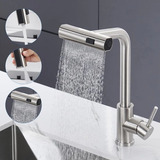 Cranio a spina di coccodrillo per cucina, con 3 posizioni, alta pressione, in acciaio inossidabile lucidato, miscelatore 360° girevole per lavabo, tipo waterval.