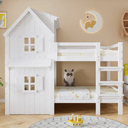 Letto a castello per bambini bianco 90x200 cm con ringhiere di sicurezza e scala a 3 gradini in pino, MDF e compensato