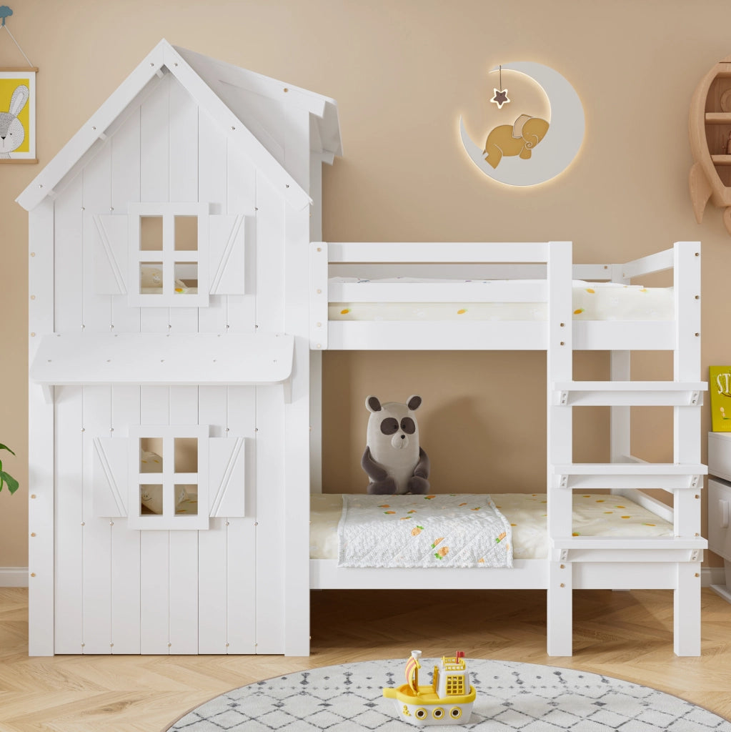 Letto a castello per bambini bianco 90x200 cm con ringhiere di sicurezza e scala a 3 gradini in pino, MDF e compensato