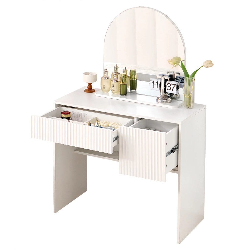 Tavolo da toeletta moderno con specchio; cassetti e mensole aperte; Bianco; B90×H135×P40cm