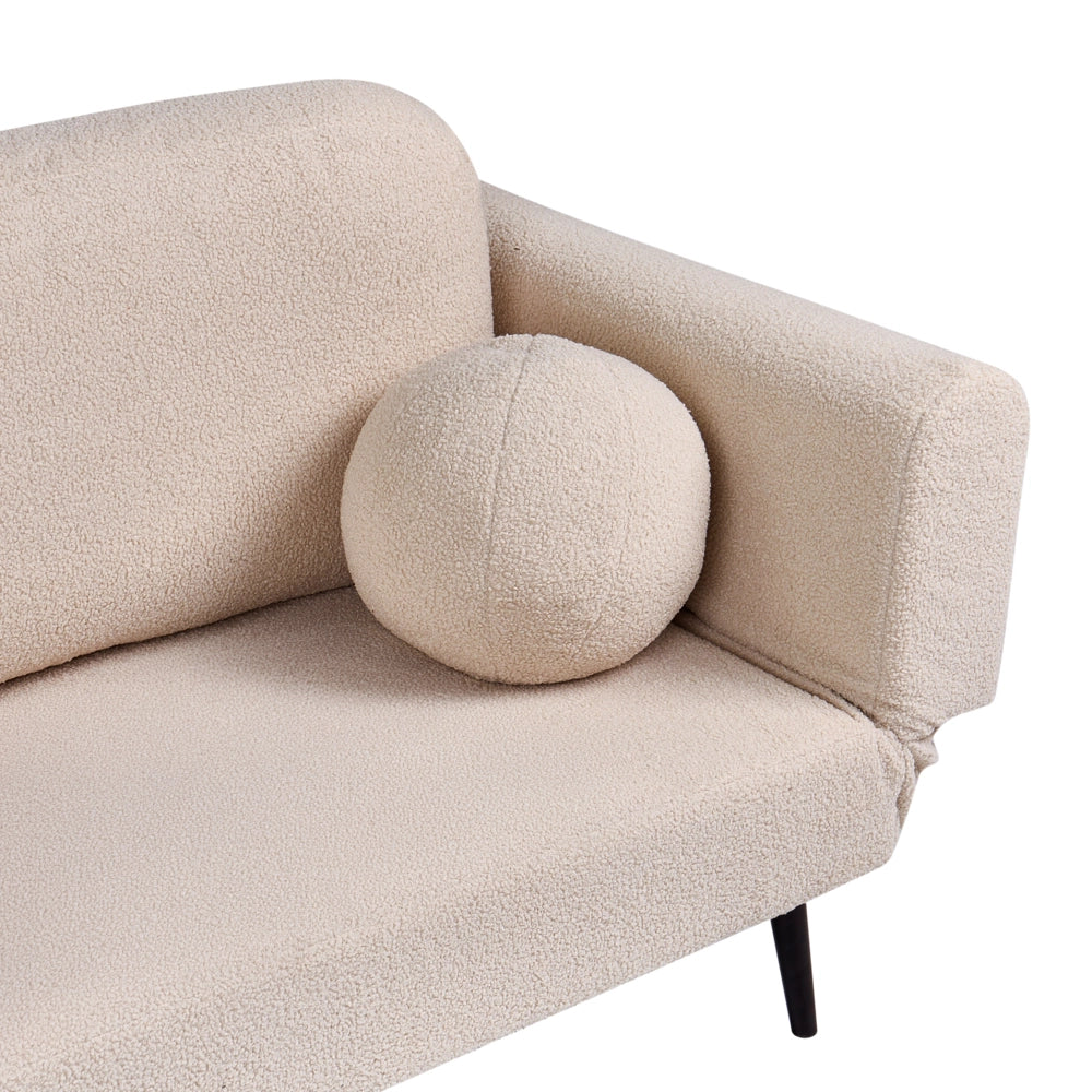 Divano letto con funzione letto cuscino rotondo rivestimento in bouclé gambe in ferro per soggiorno o camera da letto color beige