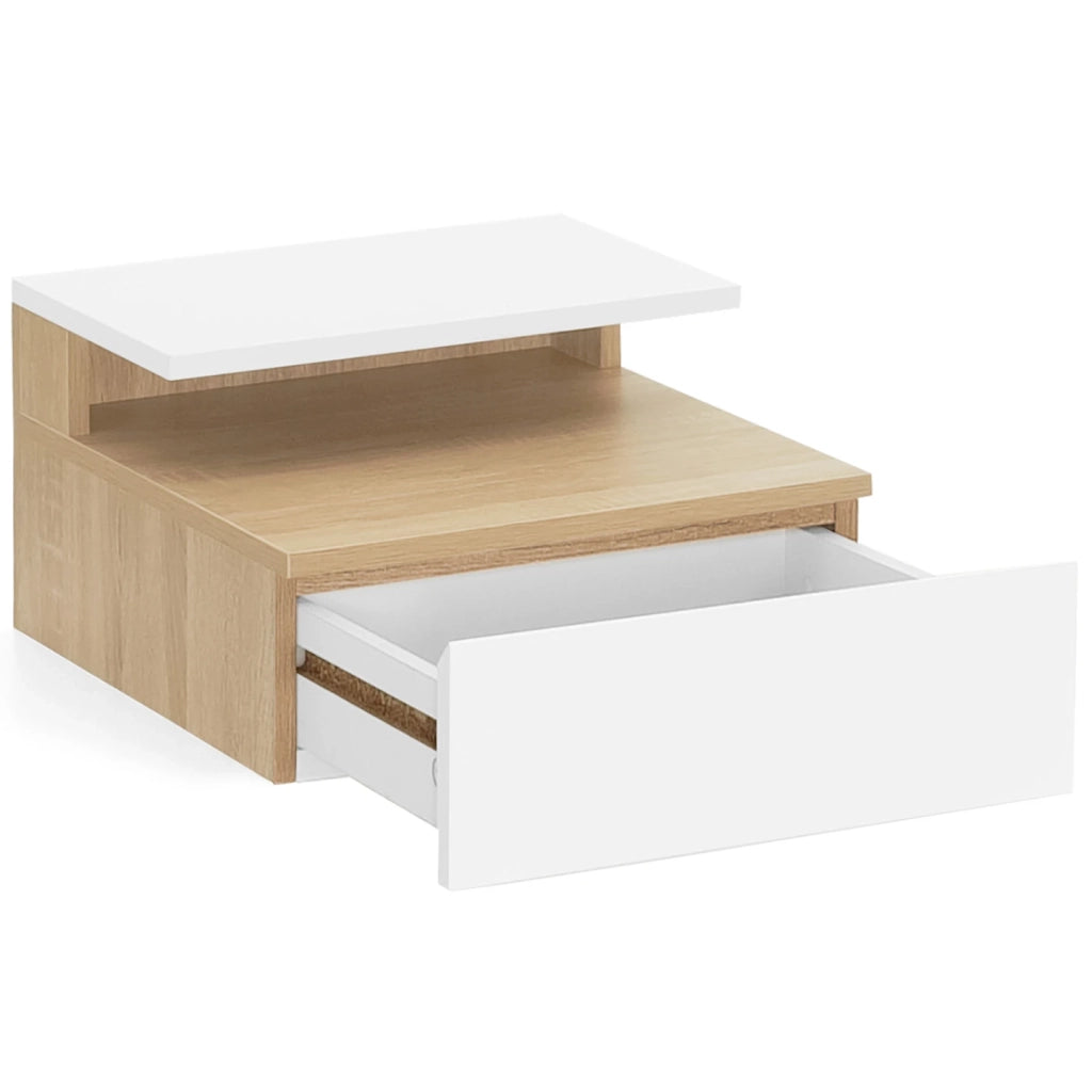IDMarket - Set di 2 comodini a parete TOMI con mensola sospesa + 1 mensola in faggio e cassetto bianco