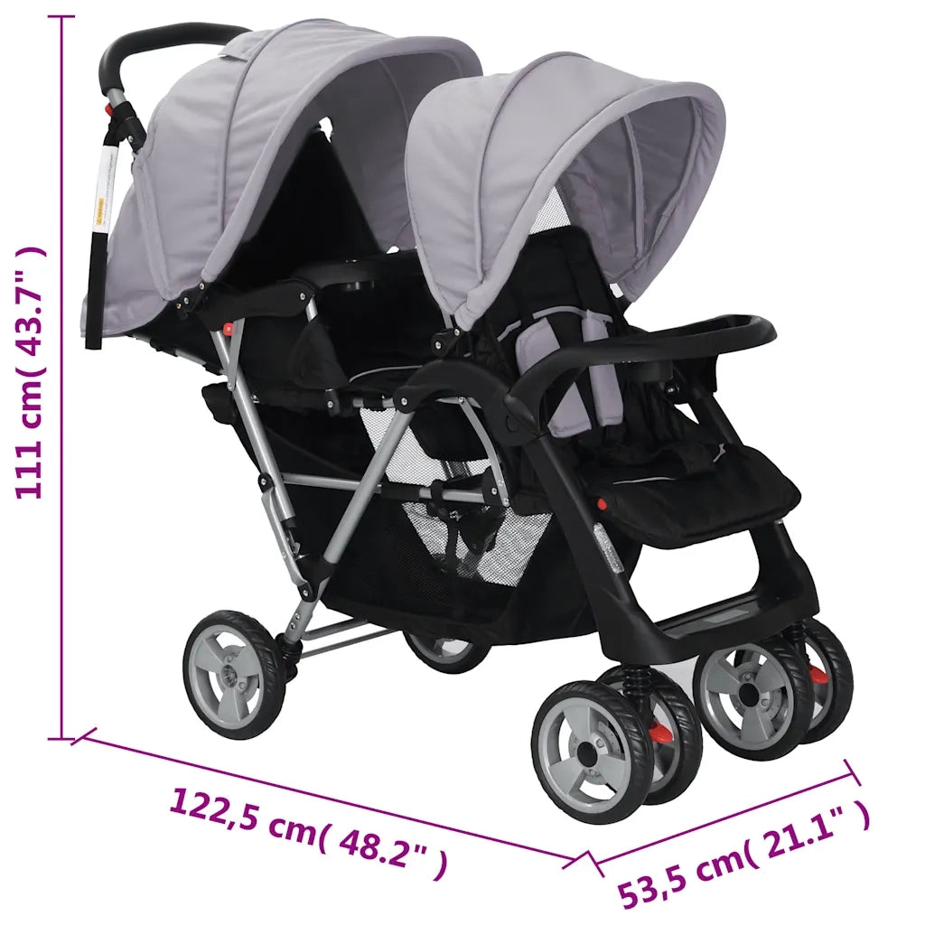 Passeggino Gemellare a Tandem in Acciaio Grigio e Nero 10113