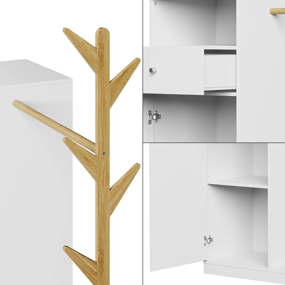 Armadio Liria, Bianco/bambù, 100 x 145 cm con cassetto, con ripiano per scarpe e ganci appendiabiti aperti