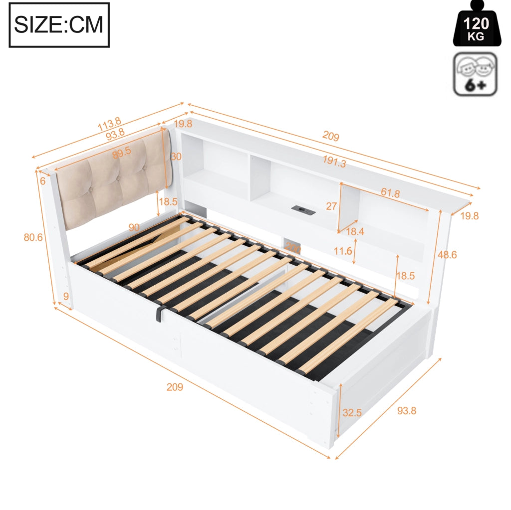 Letto singolo 90x200 cm con contenitore laterale; USB; LED e ripiano; bianco