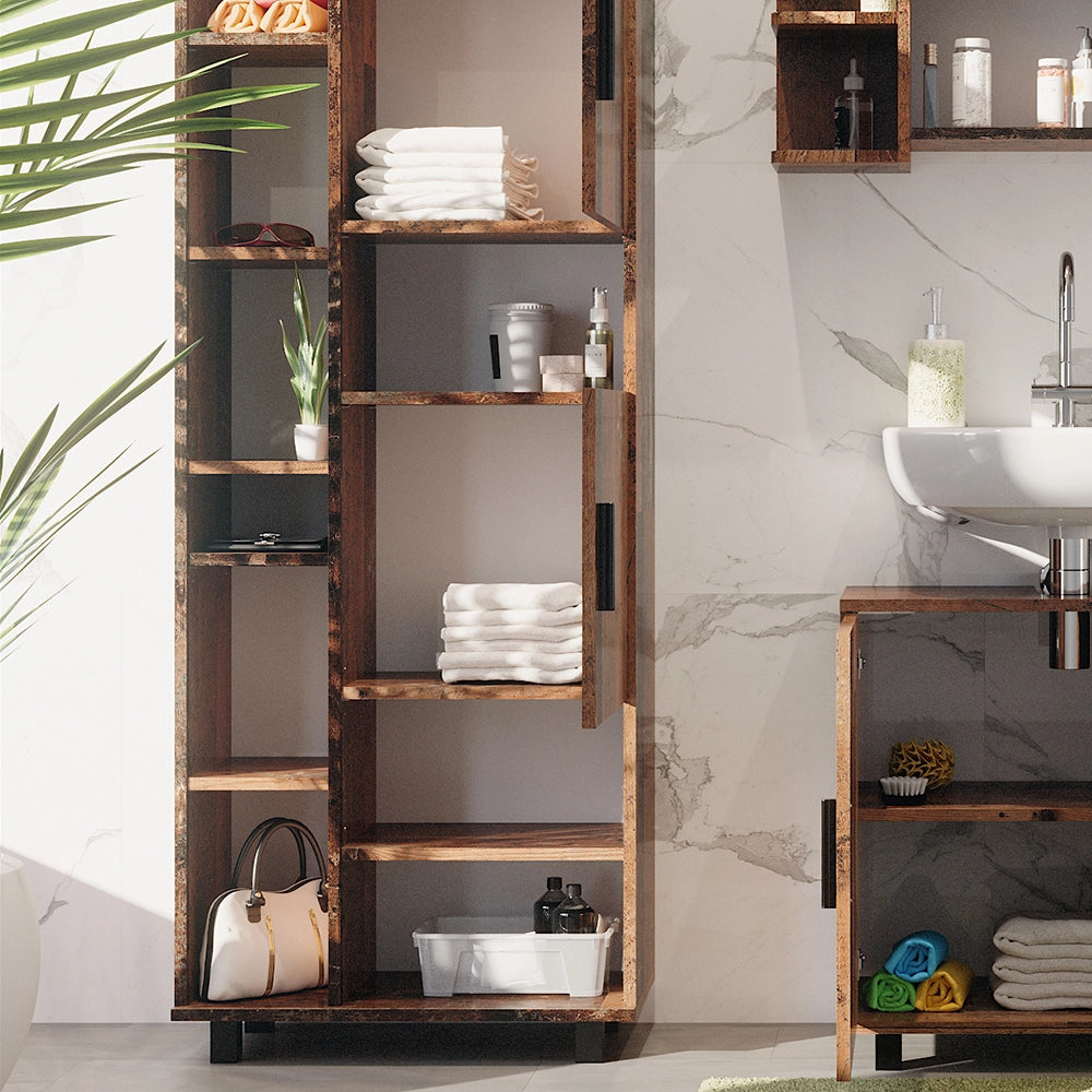 Armadio per il bagno Ilias Rovere rustico 60 x 190 cm con ante e vani a giorno Vicco