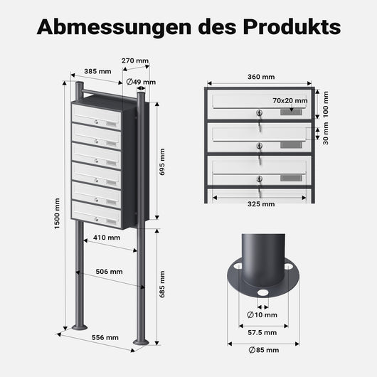 Cassetta postale condominiale autoportante 6 posti antracite/bianco 556 x 270 x 1500 mm 1 modulo