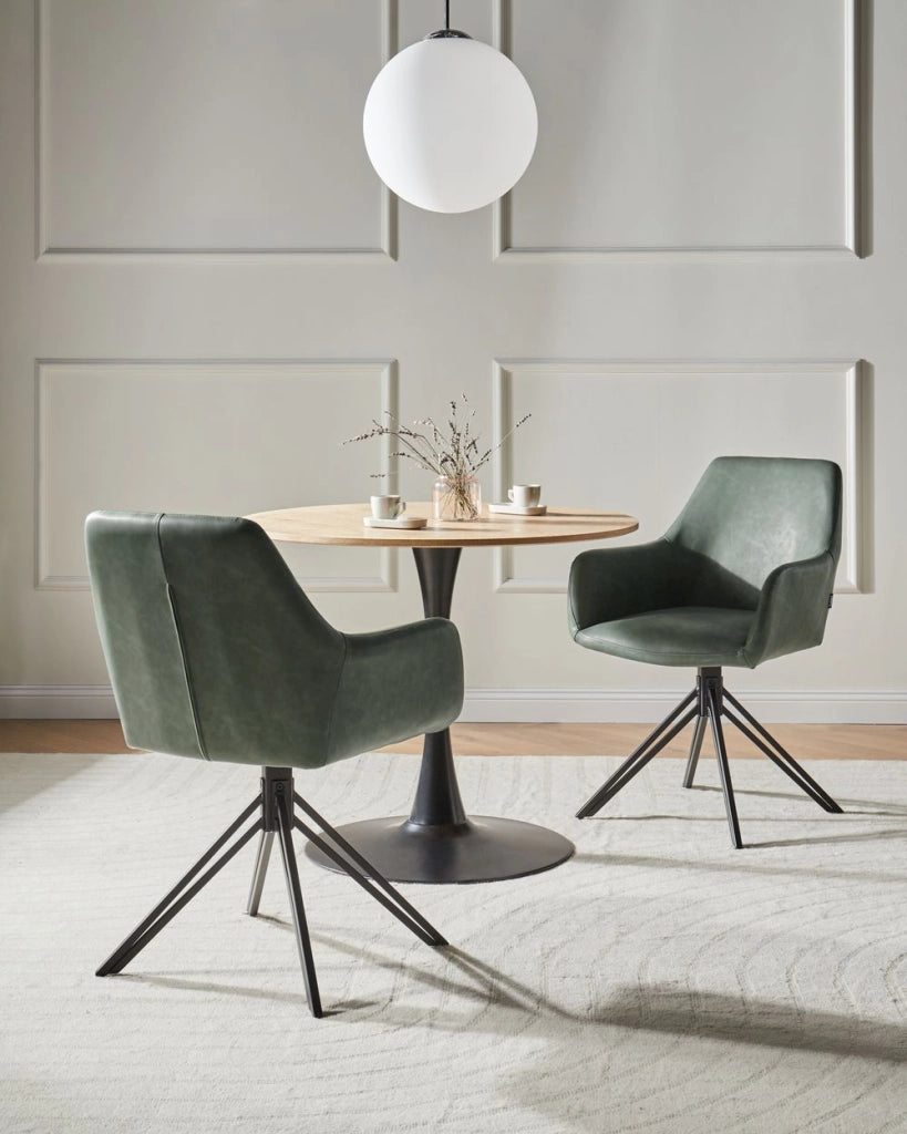Set di 2 sedie da pranzo girevoli in ecopelle verde scuro con schienale alto in stile scandinavo