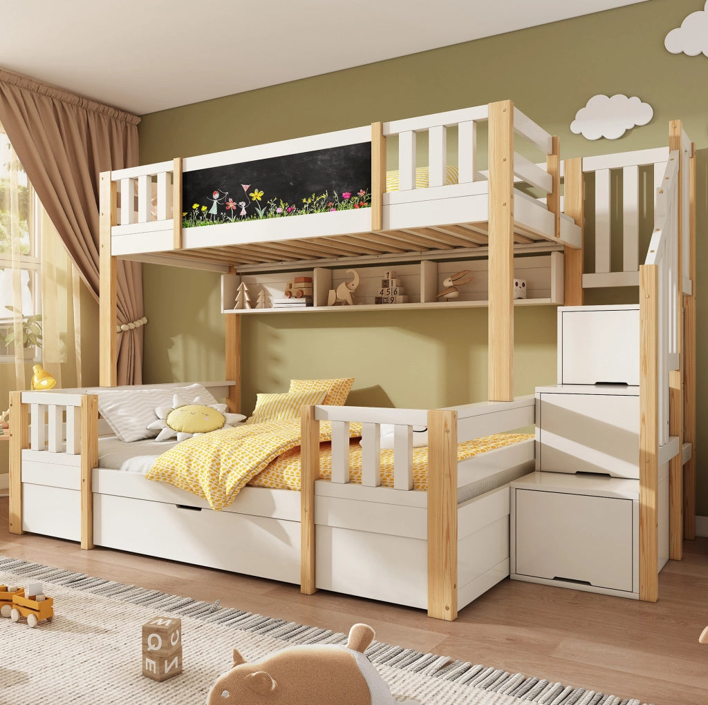Letto a castello per bambini 90x200 e 140x200 cm in legno massiccio; bianco e naturale