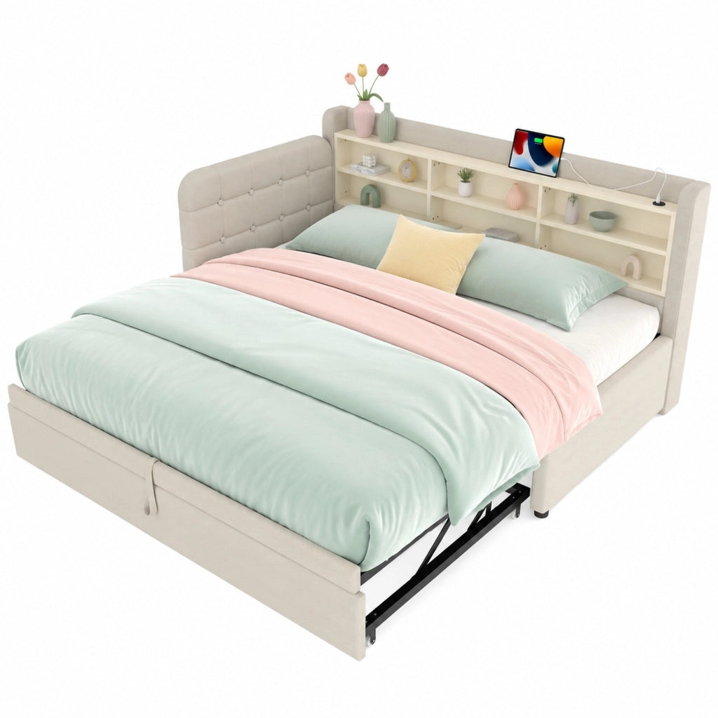 Letto da giorno estraibile 90x200 cm beige in lino con USB-C, vani e rete