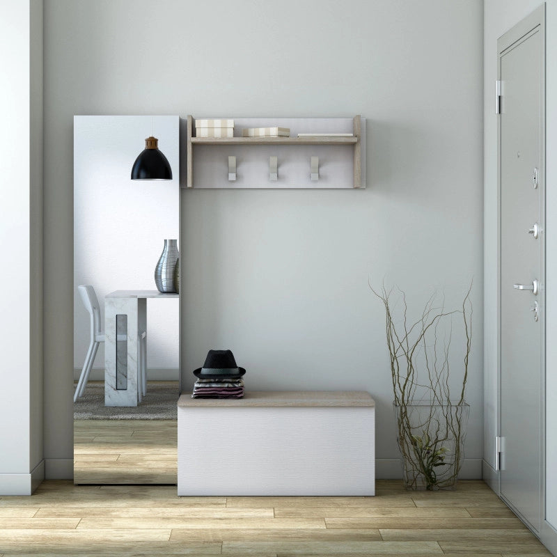 Pannello appendiabiti a parete con ripiano e 3 ganci bianco e rovere 90x29x34 cm - Terraneo