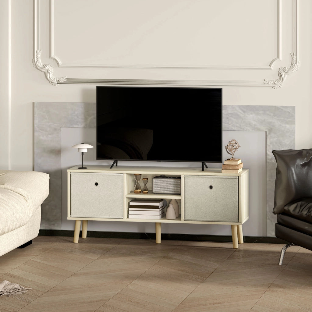 Mobile TV con 2 cassetti e ripiani aperti ¨C zephmum ¨C Legno e Beige 50 pollici