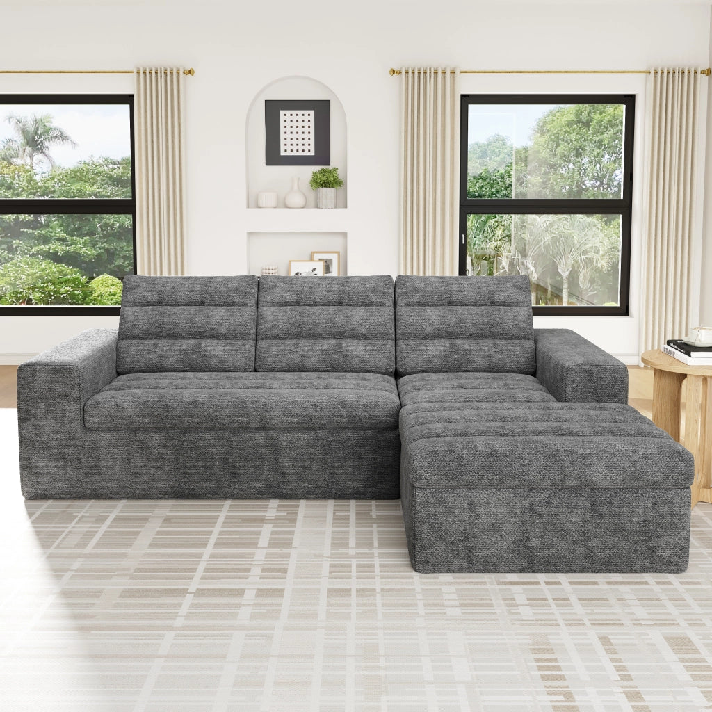 Divano angolare modulare in chenille con design senza telaio e cuscini morbidi, grigio chiaro, 253 × 161 × 89 cm