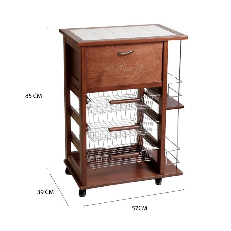 CARRELLO VESUVIO PORTAPANE+PORTABOTTIGLIE NOCE IN FAGGIO BASE INFERIORE MULTISTRATO DI BETULLA 1 CASSETTO 3 CESTELLI PIANO MATTONELLE IN CERAMICA