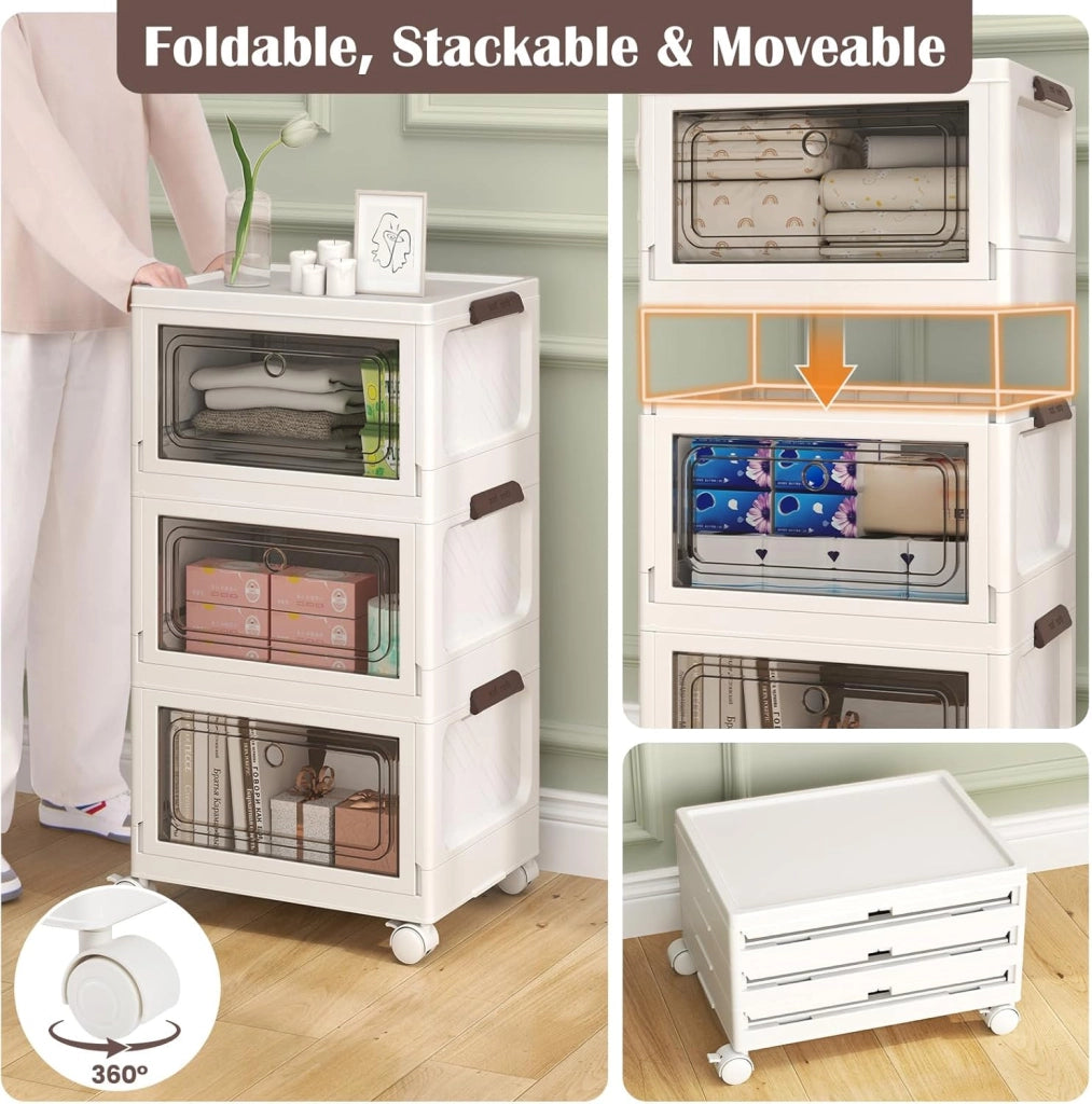 Contenitore impilabile a 3 livelli, scatole in plastica con coperchi e porte, 4 ruote, design pieghevole, organizer per soggiorno, camera da letto (41 x 31,5 x 72,5 cm)