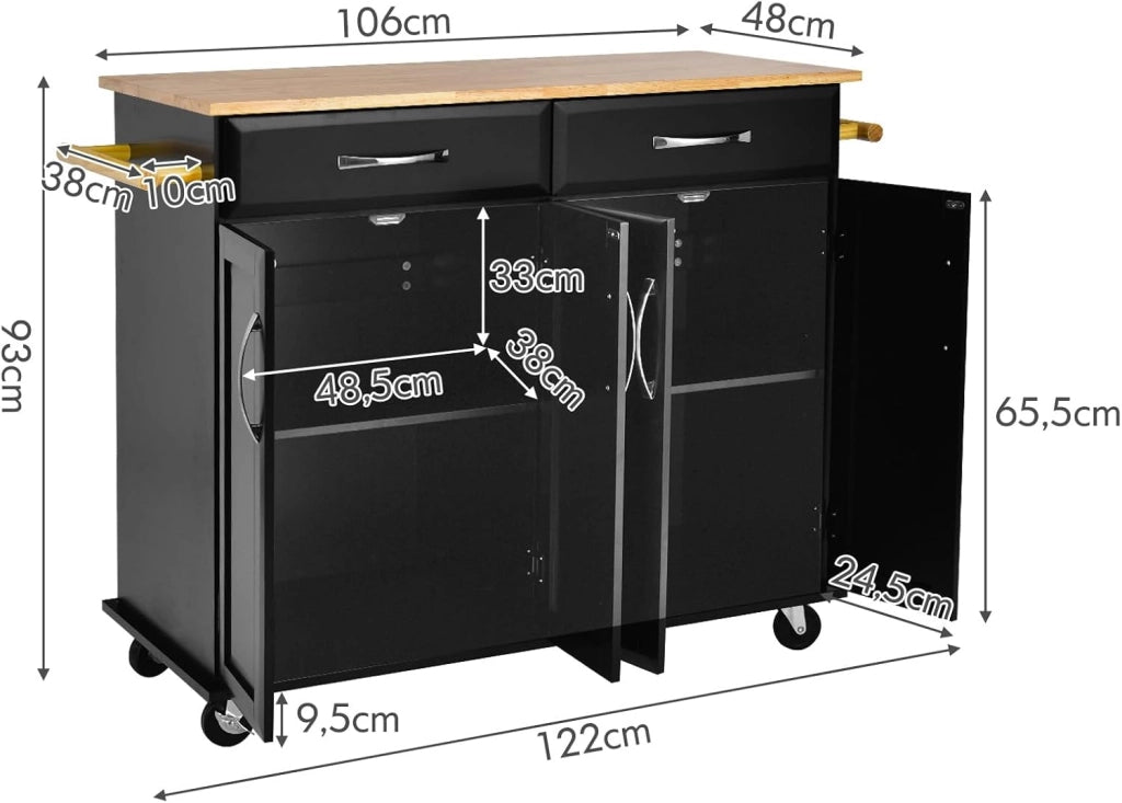 Carrello da Cucina con Cassetti, Isola Cucina con Piano in Legno di Gomma, con 4 Ante Ripiani Regolabili e Porta Asciugamani, per Cucina Bar Ristorante, 122x48x93 cm (Nero)