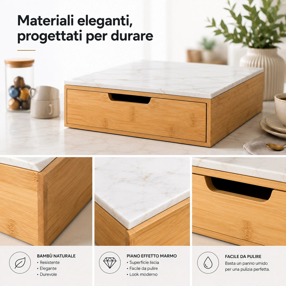 Portacapsule Piano Vetro Effetto Marmo Tortora Portacialde Organizer 31.5x30x10cm