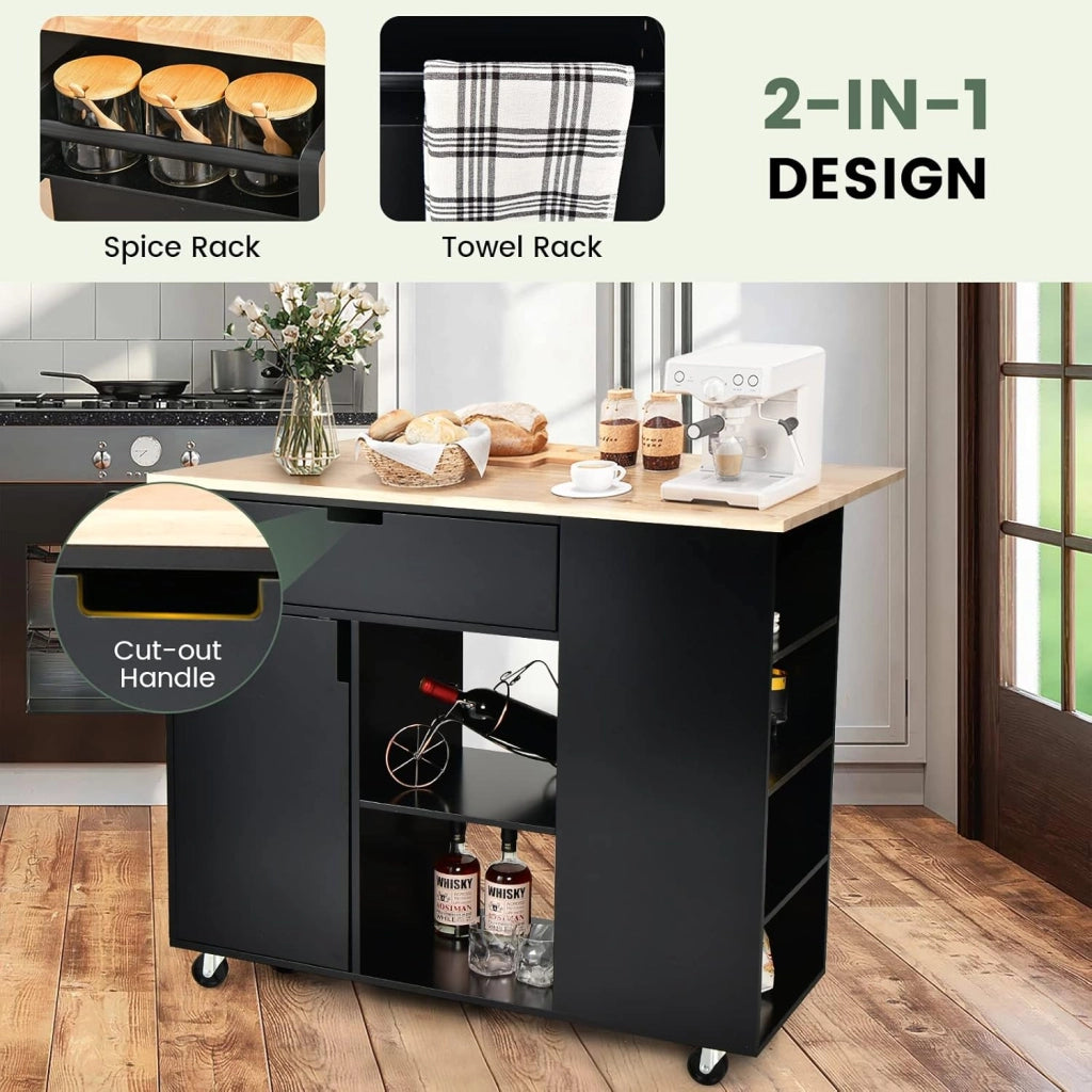 Carrello da cucina con isola, carrelli di servizio rotabili in legno con lama, cassetto, portasciugamani e porta spezie, multiuso con ruote, per cucina e sala da pranzo