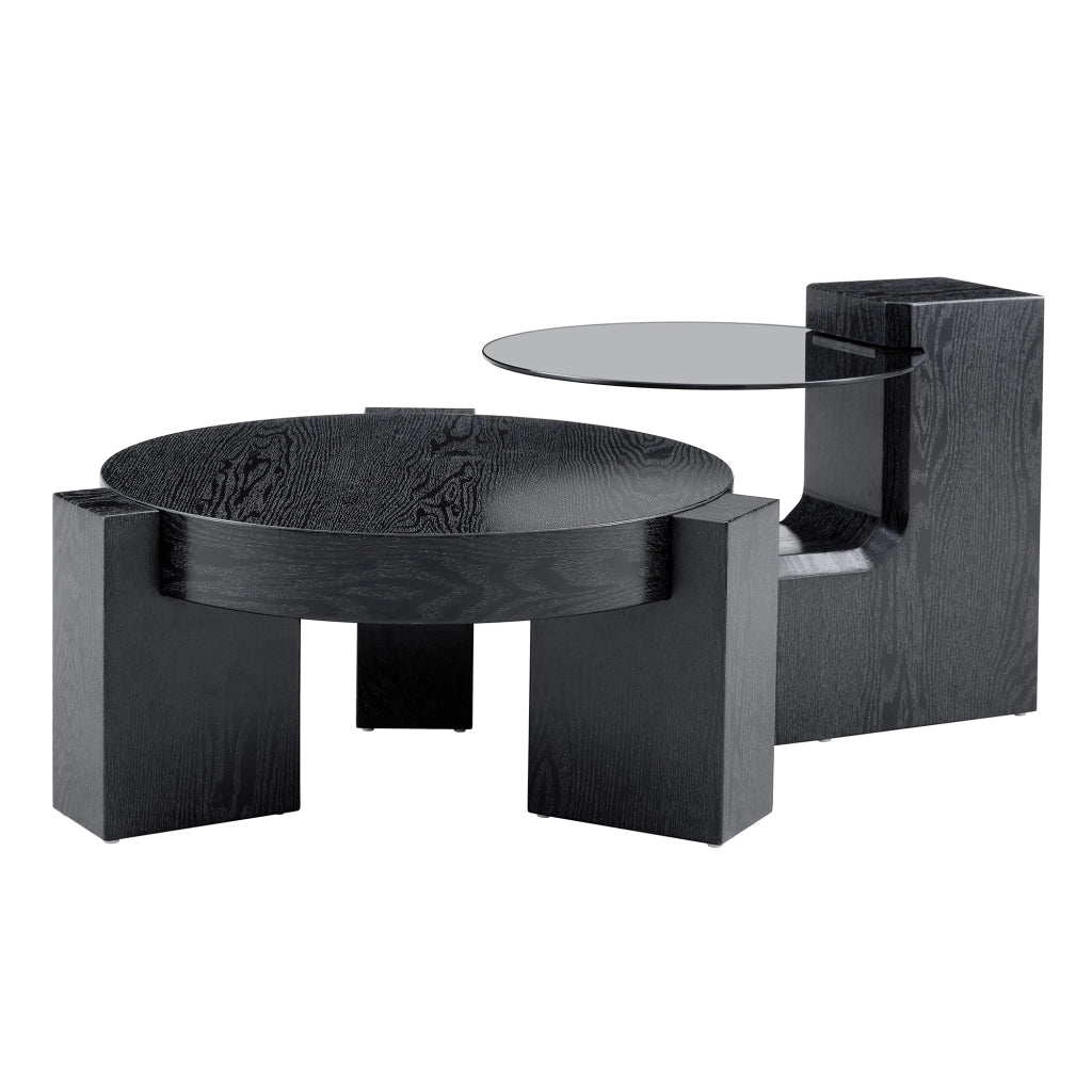 TAVOLINO DA CAFFÈ ROTONDO A 2 RIPIANI 61 CM NERO E VETRO GRIGIO Set da 2 pezzi