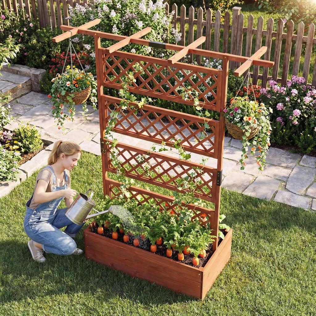 Letto da Giardino con Traliccio, Fioriera Rialzata in Legno con Spalliera, Fori di Drenaggio e Fondo Rimovibile, Aiuola Elevata con Griglia per Piante Rampicanti e Verdure