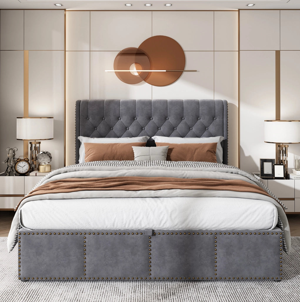 Letto imbottito 140x200 cm in velluto grigio con contenitore