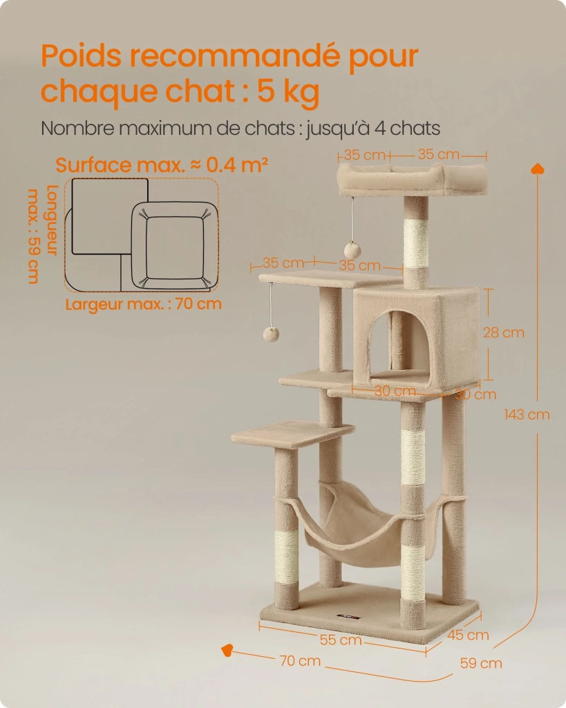 Albero per gatti con amaca torre da gioco 143 cm grigio chiaro 12_0003853