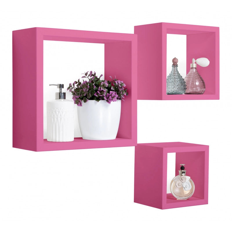 Set di 3 Mensole da Muro, Cubi Arredo, Mensole Cubo, Cubi da Parete, Fuxia, 35x35, 25x25 e 20x20 cm p15,5 - Rubic