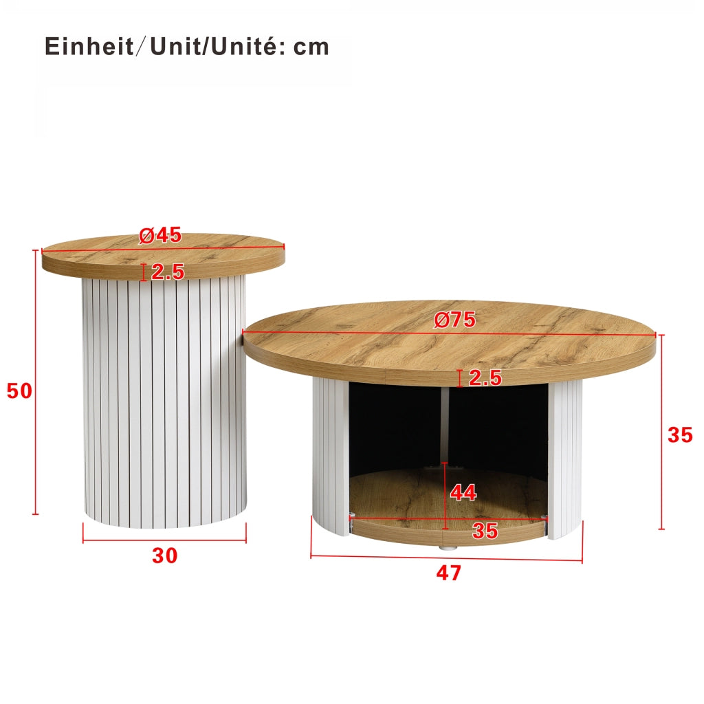 Tavolini da caffè rotondi ad incastro con ripiano; Stile Scandinavo; in MDF; Naturale; 75×75×50 cm + 45×45×35 cm