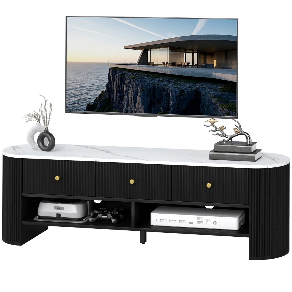 Mobile TV 140 cm con effetto marmo e 3 cassetti ¨C Minimal ¨C Nero 140x30x45