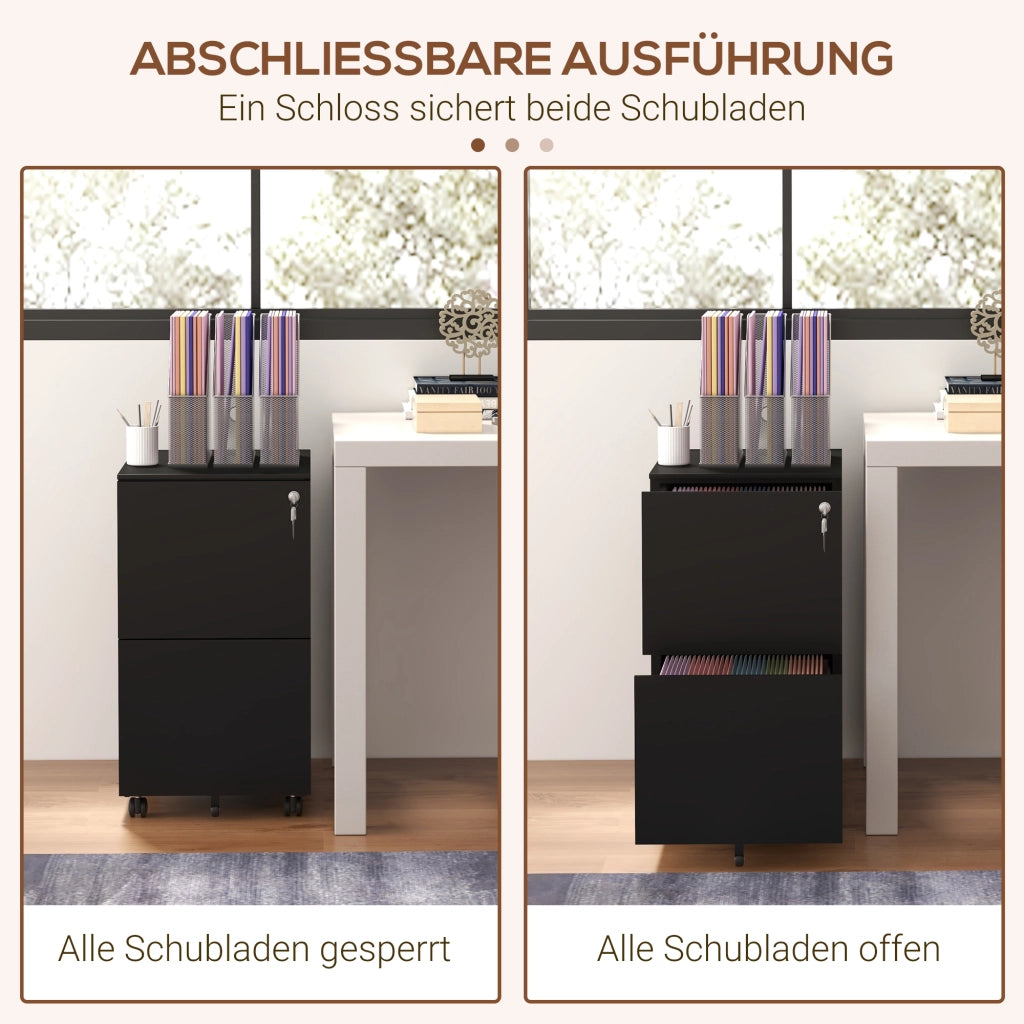 Mobiletto portadocumenti nero con ruote, dotato di 2 cassetti con serratura e rotelle in acciaio, dimensioni 37x43,5x67,5 cm, ideale per ufficio e
