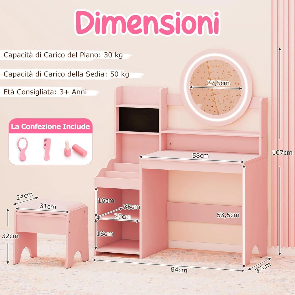 Toeletta Trucco per Bambina con Sgabello, Set Tavolo Trucco in Legno con Specchio Luci LED, Scaffale Aperta, Spazi per Annelli e Sgabello Imbottito, Mobile da Principessa per 3+ Anni (Rosa)