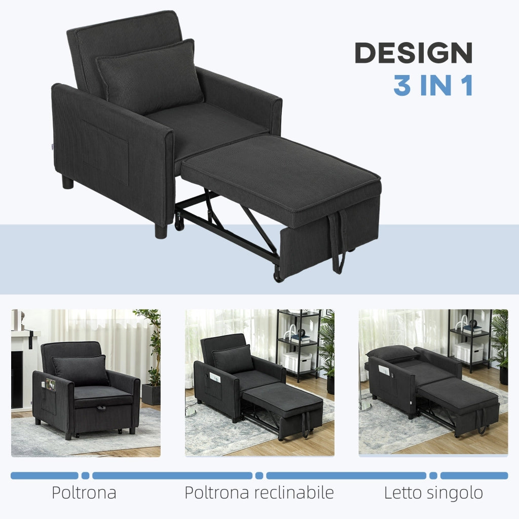 Poltrona Letto Reclinabile 74x84x81 cm in Tessuto Effetto Velluto Grigio Scuro