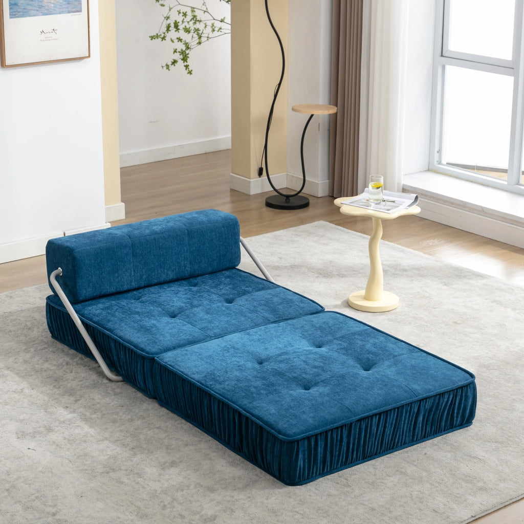 Divano letto modulare pieghevole 2 posti con funzione letto e cuscino schienale removibile in ciniglia blu