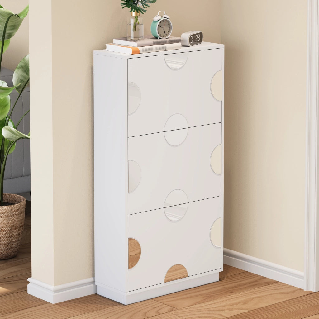 Scarpiera con 3 ante ribaltabili e specchio rotondo in MDF bianco per ingresso e balcone 63 × 24 × 120 cm