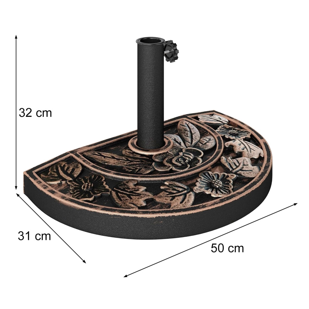 Base Ombrellone Semicircolare Motivo Floreale In Cemento HDPE E Metallo Supporto Per Palo Ø 38/48 Mm Ideale per Balcone Terrazza Giardino Resistente Intemperie 50 x 31 x 7 Cm Bronzo