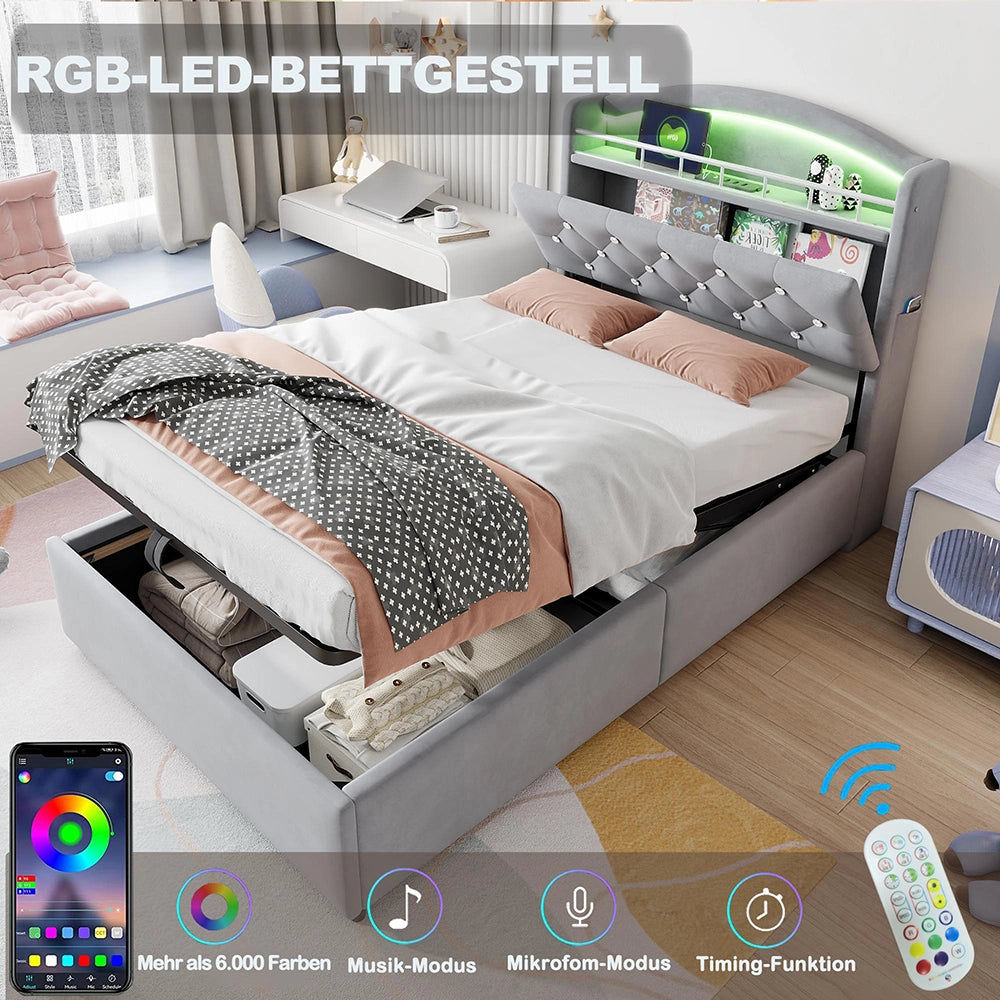 Letto bambino-Xylo-90x200 cm-LED, USB, spazio idraulico, velluto grigio