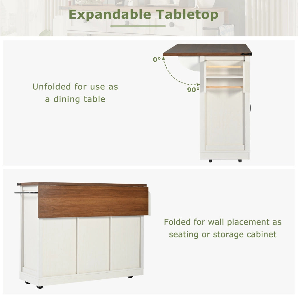 Carrello da Cucina con 3 Cassetti; 3 Vani; 2 Ante Scorrevoli e Piano Pieghevole; in MDF; 140 x 45 x 94 cm; Beige