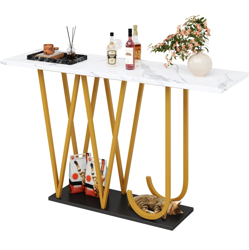 Tavolo consolle 120x29.5x80 cm con piano effetto marmo; ripiano inferiore; MDF e metallo bianco