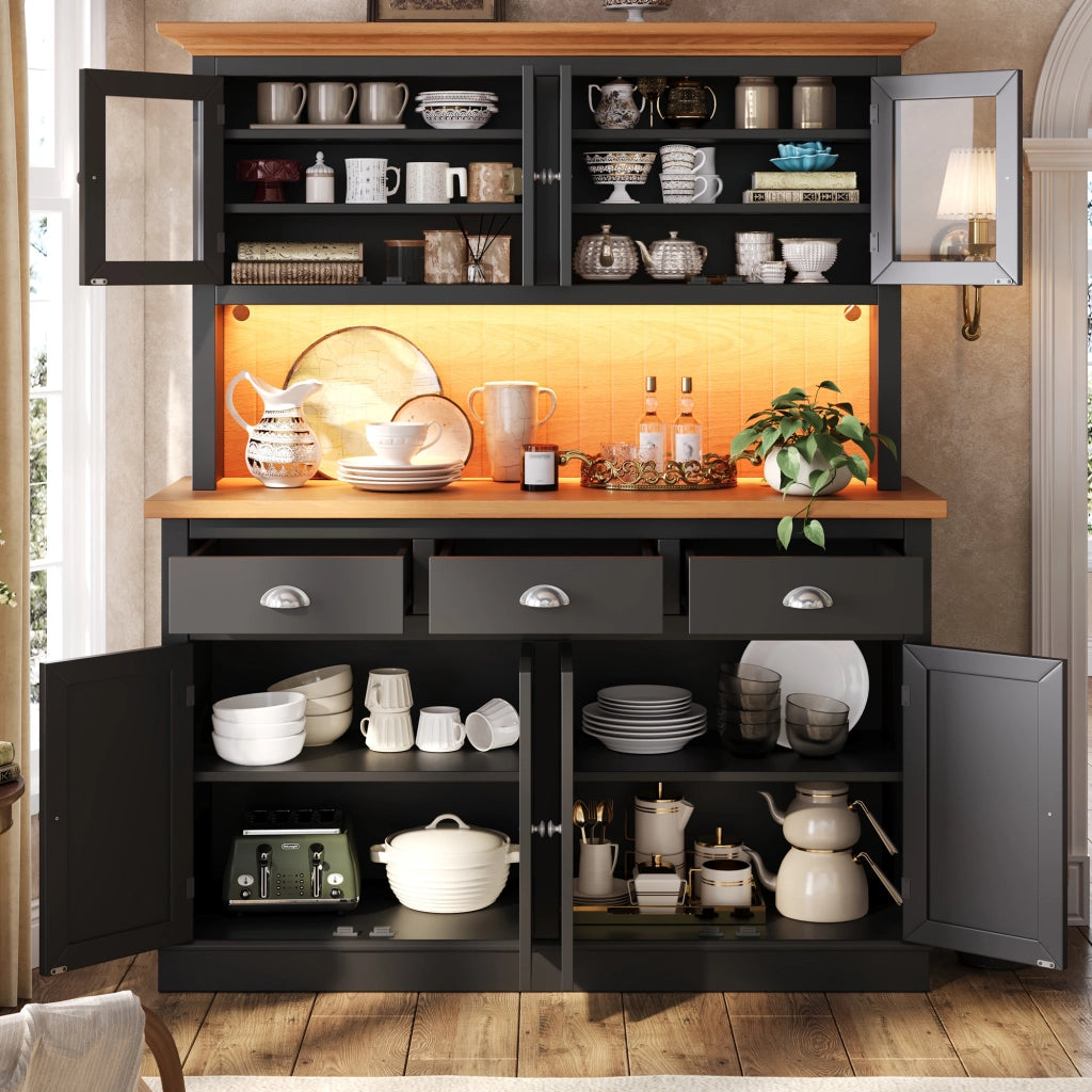 Credenza alta vetrina LED con anta in vetro e ripiani regolabili; per sala da pranzo; nero; 140 × 40 × 180 cm
