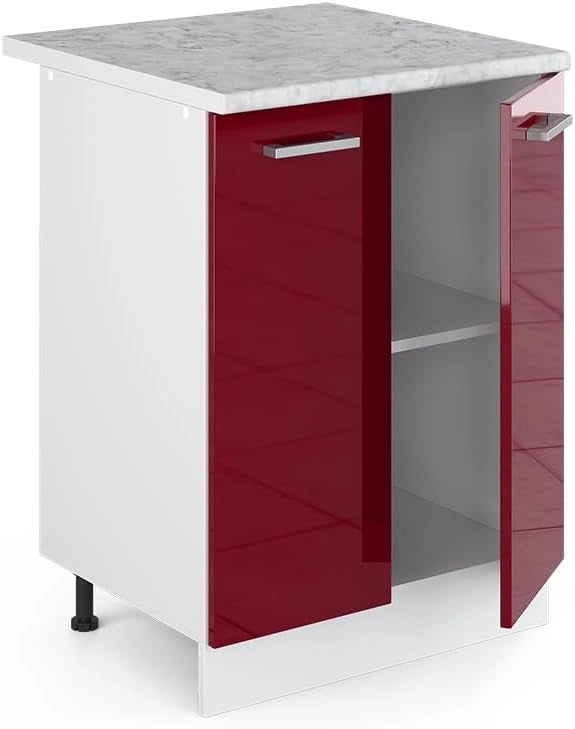 Base universale R-Line, Rosso bordeaux lucido, 60 cm con ante, con piano di lavoro, per la conservazione di utensili domestici e prodotti per la pulizia